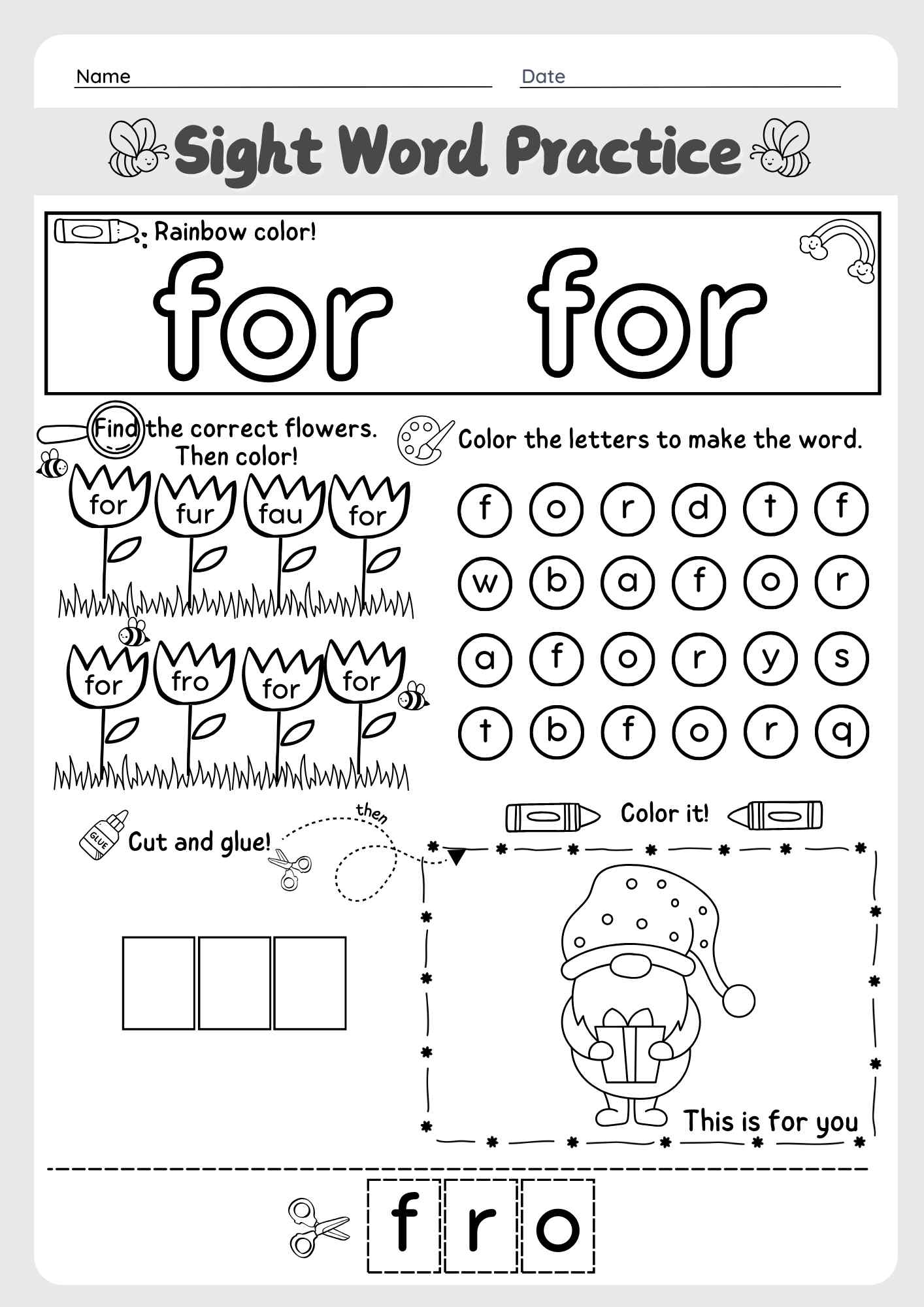 The Word "For" Sight Word Cut and Paste Worksheet for Early Learners Pre K